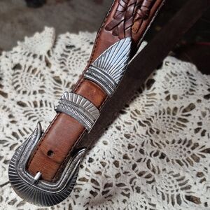 Vintage 1993 Men's Brown Leather Western Belt with Silver Buckle